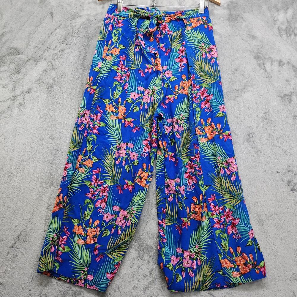 New Look Pants Womens S Blue Floral Tropical Flyaway Pant Pull On High Rise Crop